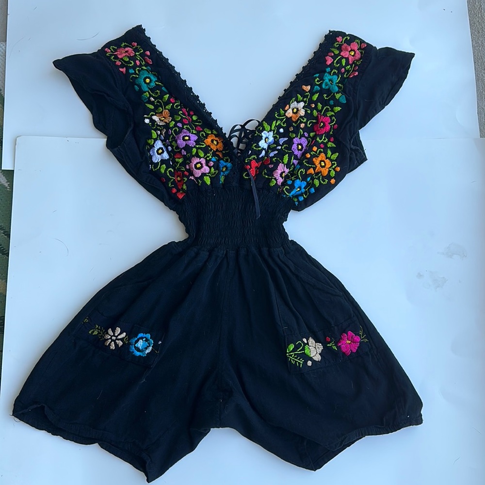 Mexican embroidered black romper